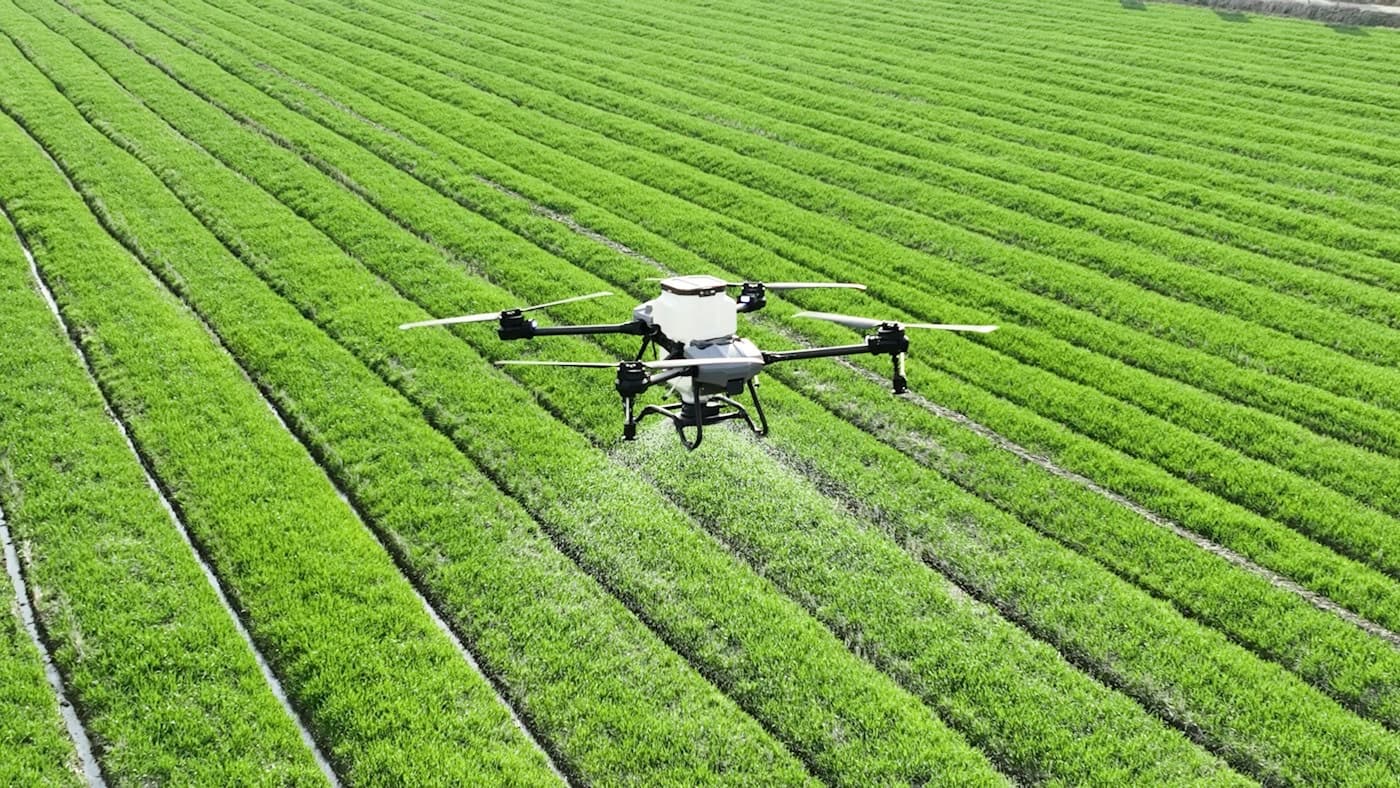 Drone pulverizador sobrevoando uma lavoura verde