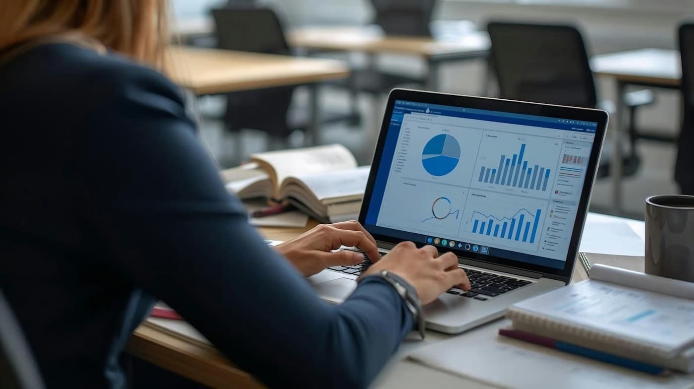 Profissional analisando gráficos financeiros no notebook