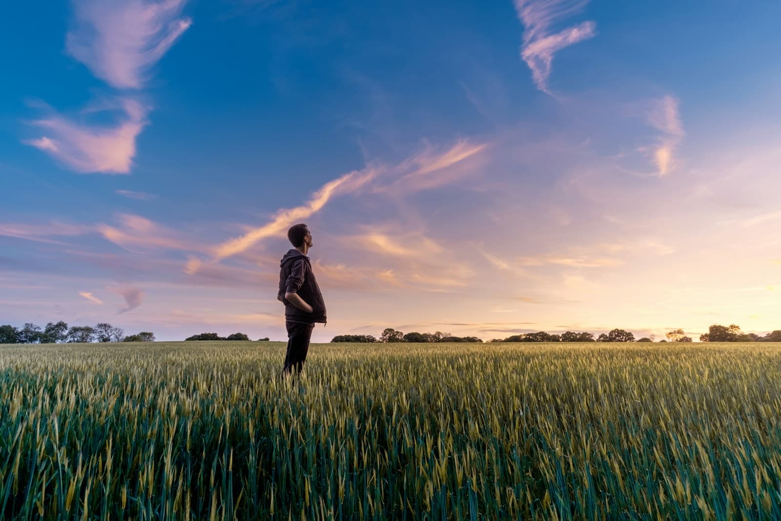 Produtor rural em pé no meio da lavoura observando o céu