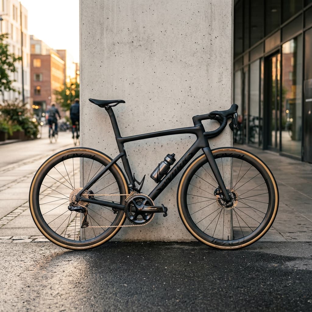Bicicleta de carbono premium encostada em parede de concreto em via urbana sob a luz do entardecer